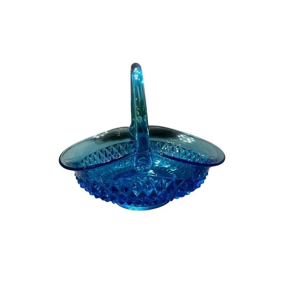 Vintage Indiana Glass Tiara Diamond Point Pattern Flower Basket Blue Large